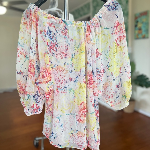 Cabi In Case Blouse White Yellow Red Blue Peasant Watercolor Floral Top 826 M - Picture 7 of 8